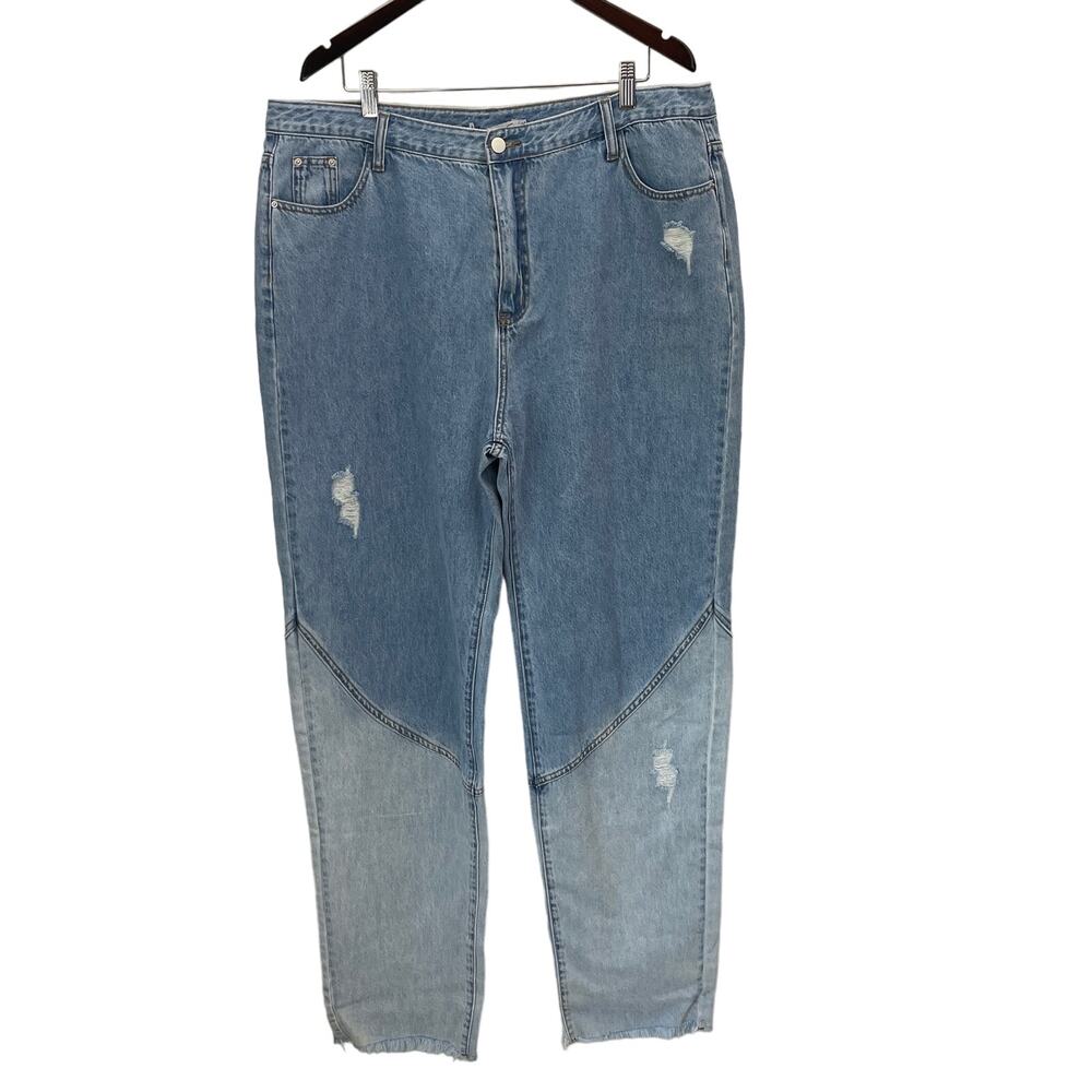 Two-Tone Patchwork Distressed Straight Leg Denim Jeans Blue Color Block Size XXL - Picture 2 of 12